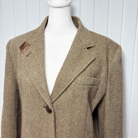 Lauren Ralph Lauren Brown Herringbone Wool Blazer Suede Elbow Patches Size 12 - Picture 2 of 15